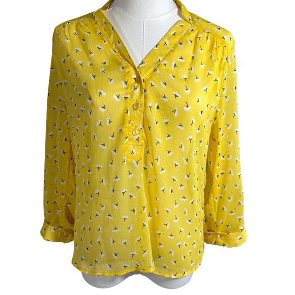 Cynthia Rowley Tops - Cynthia Rowley Womens Yellow Floral Button Tab Sleeve Chiffon Blouse Size S